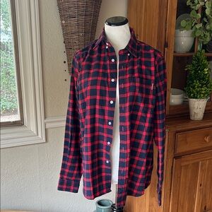 Men's 100% Cotton Red and Dark Navy Flannel Plaid Shirt Size Medium